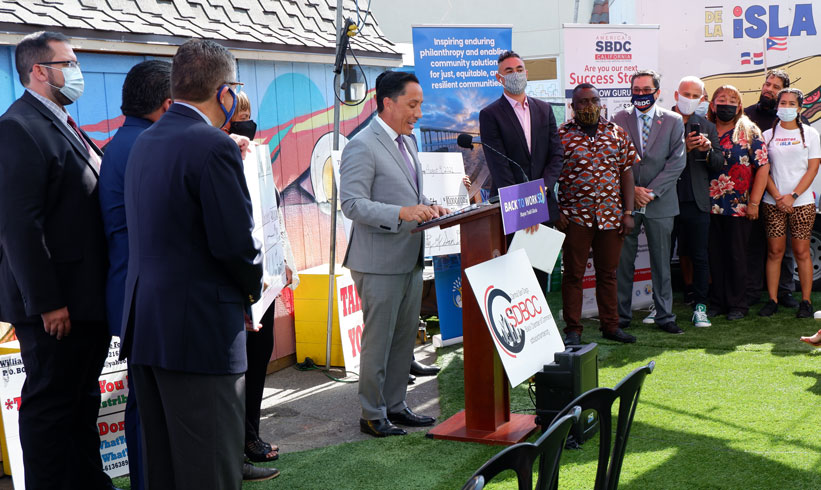 San Diego Mayor Todd Gloria announces $12M in COVID relief grants for small businesses and nonprofits during a press conference with partner organizations at Fair@44 in City Heights on Monday, Aug. 9.